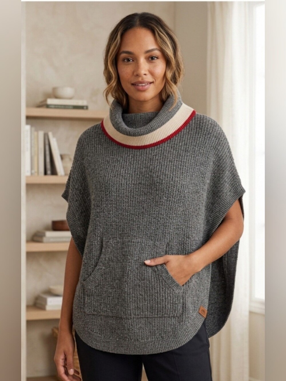 Roots Gray Turtleneck Sweater with Cream and Red Collar Trim